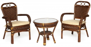 Комплект террасный ANDREA (стол кофейный со стеклом + 2 кресла + подушки) ротанг, 64х67х92см / D60х55, Pecan Washed (античн. орех) (12994)
