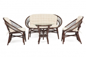 Комплект для отдыха TURKEY (стол круглый (со стеклом)+2 кресла + диван) /с подушками/ ротанг, кр:70х65х78см, дв:120х65х78см, ст:D50х56,5см, coco brown (коричневый кокос) (12639)